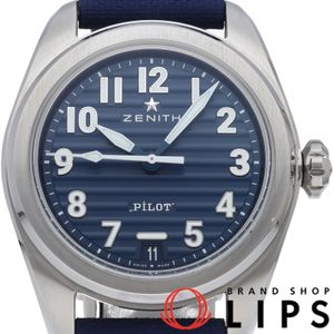 ZENITH 파일럿 오토매틱 40mm 부티크 에디션 Pilot Automatic 40mm 03.4000.3620/51.I003 박스 보증서 밴드 버클 SS/가죽 남성용 시계 블루 폴리싱 완료 최상급 【중고】