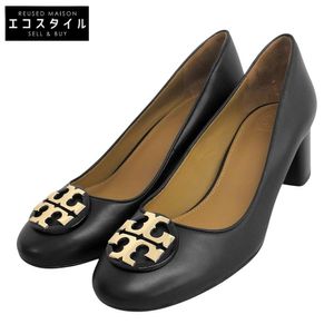 Tory Burch Round Toe Chunky Heel Pumps, Women's Shoes, Black with Gold Logo Hardware, Size 7 (Like New) [Pre-owned]
