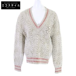 ชาแนล [สภาพดีเยี่ยม] P73532K10528 เสื้อไหมพรมถักคอวี ผสมแคชเมียร์ ประดับลูกปัดเลข 31 ไซส์ 38 [มือสอง]