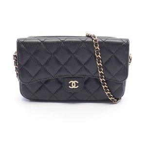 【สินค้ามือสอง】 ชาแนล CHANEL กระเป๋าสะพายไหล่ Matelassé Chain Phone Case Wallet AP2096 สีดำ หนังคาเวียร์ (Grained Calfskin) กระเป๋าใส่โทรศัพท์ กระเป๋าสตางค์โซ่