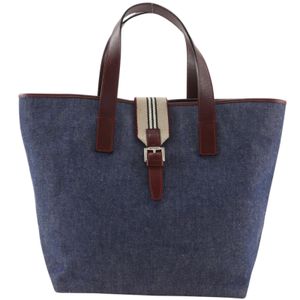 Burberry denim tote bag, made in Italy, denim, leather, and canvas, navy blue, open style, women's. [Used]