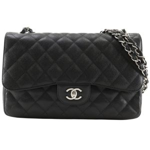 ชาแนล CHANEL กระเป๋าสะพายไหล่โซ่ Double Flap รุ่น Matelasse Classic หนังคาเวียร์ผสมหนัง ผลิตในอิตาลี ปี 2011 สีดำ สะพายไหล่ ตัวล็อกแบบหมุน สำหรับสตรี【มือสอง】