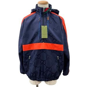 미사용품▲Gucci 구찌 22AW 685818 점보 GG 후드 하프 ZIP 나일론 재킷 네이비 레드 44 이탈리아제 정품 남성용