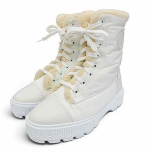 极美品☆Hermes 爱马仕 242071Z Fresh 标志皮革贴饰 羊羔毛短靴 白色 35 意大利制 女士款 附防尘袋
