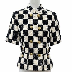미사용품★Gucci 구찌 652261 블록 체크 리본 트위드 반팔 재킷 블랙 아이보리 IT 40 이탈리아제 정품 여성용