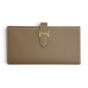 极美品△Hermes 爱马仕 Bearn Soufflet Epsom 长款钱包 Etoupe 金色五金 双折 D刻印 法国制造 女士款 附原装盒