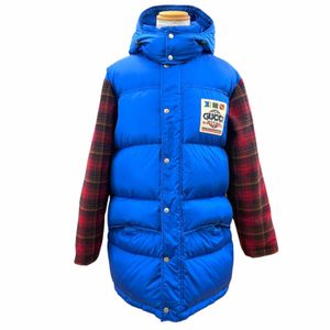 Excellent condition ▼ GUCCI 585393 Hooded Double Zip Down Jacket with Checkered Sleeves, Material Switching, Logo Patch, Blue/ RED, Size IT 46, Made in Italy, Authentic, Men's, Garment Hanger Included