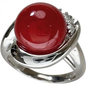 Size 11, Coral/Coral 9.8mm (filled), Diamond 0.06ct, Pt900 Platinum Ring, 8.0g, Women's [Used]