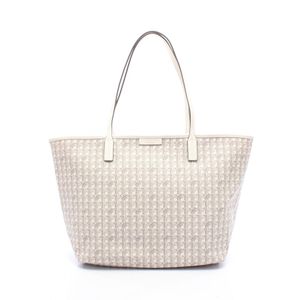 [Used] Tory Burch Everlady Zip Tote Bag, White PVC Coated Canvas Leather Tote Bag, White Beige, Women's
