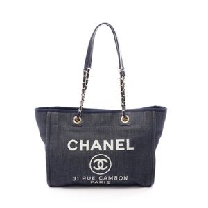 【Used】 ชาแนล CHANEL กระเป๋าโท้ท Deauville สีเดนิมบลู/ขาว ผ้าเดนิม หนัง Deauville Chain Tote MM สำหรับผู้หญิง สภาพ A