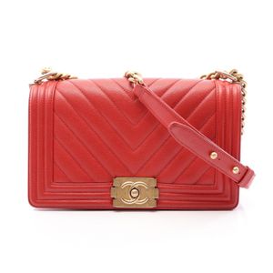 【สินค้ามือสอง】 ชาแนล CHANEL กระเป๋าสะพายไหล่ Boy Chanel Chevron V-Stitch สีแดง หนังคาเวียร์ (Grained Calfskin) กระเป๋าสะพายไหล่โซ่ Boy Chanel Chevron
