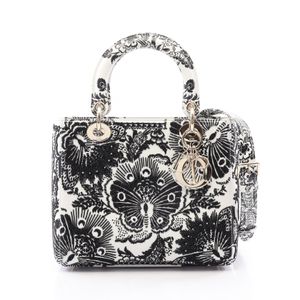 【二手】迪奧 Lady Dior 手提包，串珠，兩用，白色/黑色皮革，Lady Dior 兩用托特包，中號，女士。
