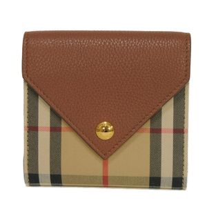 สินค้ามือสอง BURBERRY กระเป๋าสตางค์พับสามทบ Vintage Check ลาย Nova Check สีเบจ น้ำตาล หนังลูกวัว กระดุมสแน็ค ช่องใส่ธนบัตร ช่องใส่การ์ด ช่องใส่เหรียญ สภาพดีเยี่ยม โลโก้ สีแทน 8026116
