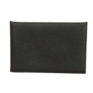 สินค้ามือสอง HERMES Calvi โลโก้ปั๊มฟอยล์ หนังลูกวัว สแนปบัตตัน กล่องใส่บัตร นามบัตร สภาพดีเยี่ยม Epsom Black