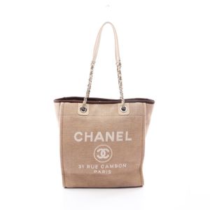 [Used] Chanel Deauville Tote Bag, Beige/ Braun/White Canvas Leather, Deauville Chain Tote, Women's, Used A