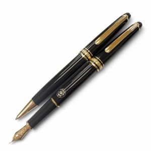 品相極佳 ▼MONTBLANCMeisterstück Classic 14K 金 EF 尖 白色星形旋轉式鋼筆和原子筆套裝（2支）。黑色和金色鋼筆。西德製造。男士鋼筆。已完成書寫測驗。