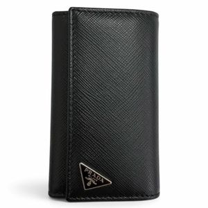 全新未使用商品 □ PRADA 2PG222 Saffiano 皮革三角形 logo 六環鑰匙扣鑰匙包 黑色 義大利製造 男士 附包裝盒