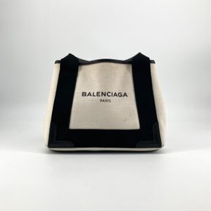 [Pre-owned] BALENCIAGA Cabas XS 2-way Tote Bag, Navy, Cotton Canvas / Calf Leather, 339933, Black x Ivory