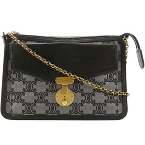 CELINE Chain Shoulder Bag, C Macadam, Canvas x Leather, Made in Italy, Navy, 2-way, Zipper, Women's [Pre-owned]