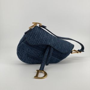 【中古】 Christian Dior（クリスチャンディオール） オブリーク サドルフラップ デニム ゴールドDストラップ ハンドバッグ ブルー×ゴールド