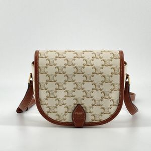 【二手】CELINE Medium Folco 单肩包/斜挎包 小牛皮 / Triomphe 帆布 191502 白色×棕色