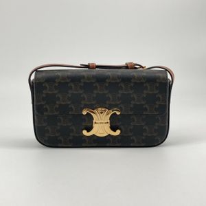 【二手】CELINE Claude 小牛皮 / Triomphe 帆布 194142 单肩包/斜挎包 深棕色×金色