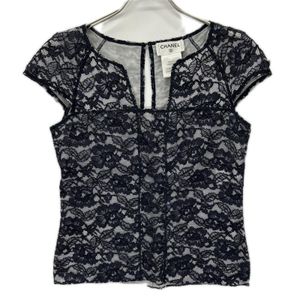 Chanel P47412W05438 Navy Cotton Blend Camellia Lace Short Sleeve Blouse, Size 36 [Used]