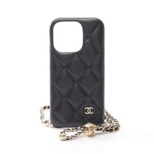 [중고] Chanel 샤넬 스마트폰 액세서리 마틀라세 iPhone 14 Pro 블랙 캐비어 스킨(그레인드 카프스킨) 마틀라세 폰 케이스 체인 숄더백