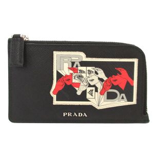 Prada 漫畫印花 Saffiano 皮革黑色零錢包/卡包/碎片收納包 0861 [二手] PRADA
