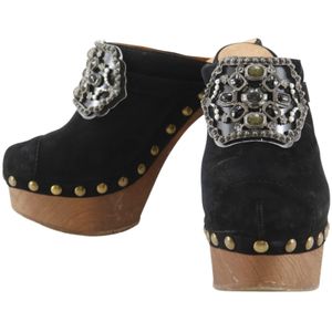 Chanel CHANEL Clog Sandals, Sandals with Rhinestones, G27301, Suede x Wood, Black, Women's [Used]