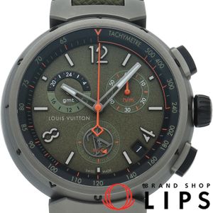 LOUIS VUITTON 탕부르 아웃도어 크로노그래프 GMT 워치 44mm 어반 정글 Tambour QA154Z 박스 보증서 SS/러버 남성용 시계 그린 미품 【중고】