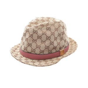 【중고】 Gucci 구찌 GG 캔버스 버킷햇/중절모/페도라 코튼 레더 모자 여성용 Used B