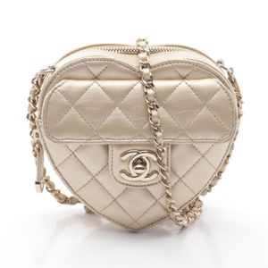[Pre-owned] Chanel CHANEL Shoulder Bag Heart Chain Clutch Bag Matelassé Champagne Gold Lambskin (Sheepskin) Matelassé Heart Shape Chain Shoulder