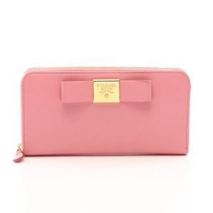 【中古】 プラダ PRADA ラウンド長財布 リボン ピンク サフィアーノレザー リボン ラウンド長財布 レディース Used B
