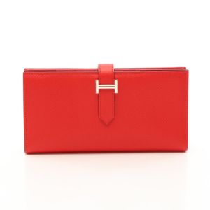 【Used】 เฮอร์มีส HERMES กระเป๋าสตางค์ยาวพับ Bearn Soufflet สี Rouge Tomate สำหรับผู้หญิง สภาพ A