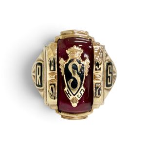 Excellent condition △ JOSTEN Justin Vintage 10K 1957 Rutland Senior Secondary College Ring, Gold RED, Size JP16, Weight 8.09g, Men's