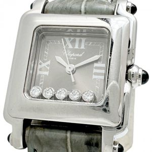 Chopard Happy Sport Square 27/8892-23 Watch, Stainless Steel/Leather/Diamond, Quartz, Silver Dial/Gray Leather Strap, Women's [Used]