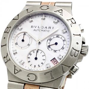 BVLGARI Diagono Sport Chronograph CH35S Watch, Stainless Steel/Leather Strap, Automatic Movement, White Mother-of-Pearl Dial/Pink Beige Leather Strap, Men's [Used]