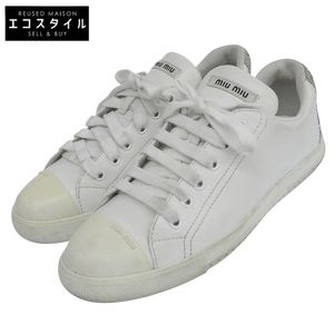 MIUMIU 글리터 라메 로우탑 스니커즈 여성용 화이트×실버 24.0cm 5E927B 37【중고】