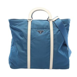 【中古】 プラダ PRADA トートバッグ 三角プレート 2WAY ブルー ナイロン レザー 2WAYショルダーバッグ レディース Used B