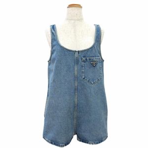 極美品△PRADA プラダ 2023年製 GFZ011 コットン100％ トライアングルロゴ ダメージ加工 デニム オールインワン サロペット オーバーオール インディゴブルーブルー IT 36 イタリア製 正規品 レディース