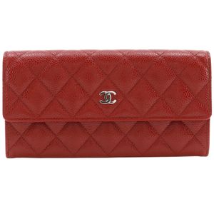 ชาแนล CHANEL กระเป๋าสตางค์ยาว Matelasse COCO Mark หนังคาเวียร์ สีแดง กระดุมสแน็ค สำหรับสตรี [มือสอง]
