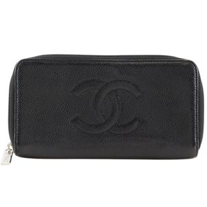 ชาแนล CHANEL กระเป๋าสตางค์ยาว รุ่น COCO Mark หนังคาเวียร์ สีดำ ซิปรอบ สำหรับผู้หญิง [สินค้ามือสอง]