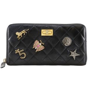 ชาแนล CHANEL Matelasse Lucky Charm กระเป๋าสตางค์ยาว 2.55 หนัง สีดำ ซิป สำหรับผู้หญิง [มือสอง]