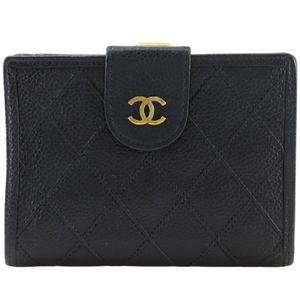 ชาแนล CHANEL กระเป๋าสตางค์แบบพับสองทบและกระเป๋าสตางค์แบบมินิ รุ่น Bicolore พร้อมโลโก้ CC หนังคาเวียร์ สีดำ สแน็ปกระดุม [มือสอง]