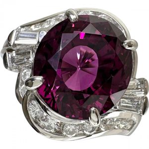 Size 9, Rhodolite Garnet 6.87ct, Diamond 0.49ct, Diamond 0.18ct, Platinum 900, 8.4g, Women's Ring [Used]