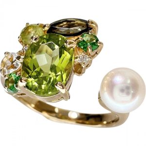 Size 14 Peridot/Green Tourmaline/Gaucheite/Green Garnet/Akoya Pearl 5.5mm Diamond 0.02ct Ring K18 Gold 4.7g Women's [Used]