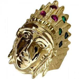 Size 10 Indian motif emerald, ruby, and sapphire ring in 18K gold, 8.3g, women's. [Pre-owned]