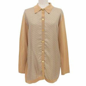 สภาพดีเยี่ยม▲HERMES เฮอร์มีส วินเทจ ผ้าไหม 100% คอตตอน ลาย H กระดุมเซリエ เสื้อเชิ้ตและเสื้อเบลาส์ ถักนิตติ้ง สีน้ำตาลอ่อน ไซส์ 40 ผลิตในฝรั่งเศส ของแท้ สำหรับสตรี