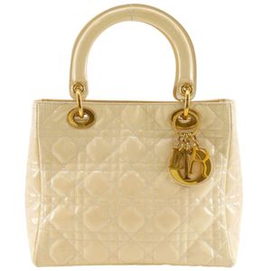 크리스찬 디올 Dior 레이디 디올 손가방 까나쥬 에나멜 크림 토트백, A5 지퍼 Lady Dior 여성용【중고】